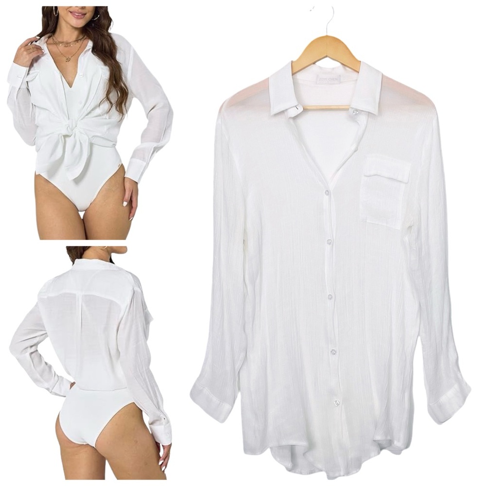 Zoye Chen Swimsuit Cover Up
Button Down Top V Neck Beach Shirt White Size Large